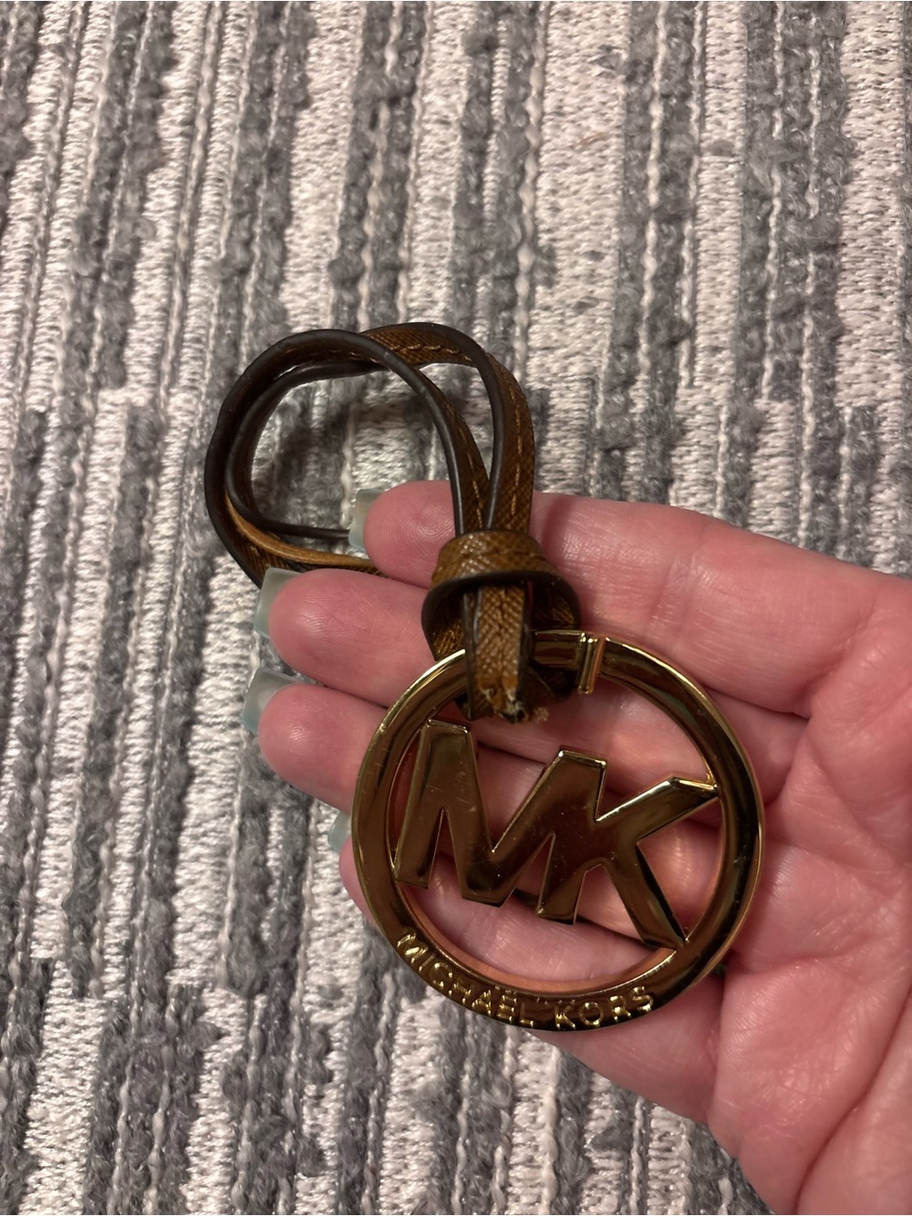 Michael Kors Gold-Tone MK Circle Keyring with Brown Leather Strap
